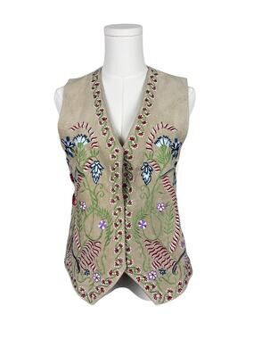 Vintage Cedars 80s Boho Tan Suede Multi Colored Embroidered Open Front Vest M